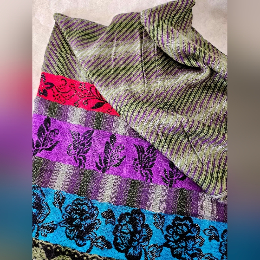 Long Scarf Purple Green With Colorful Stripes
